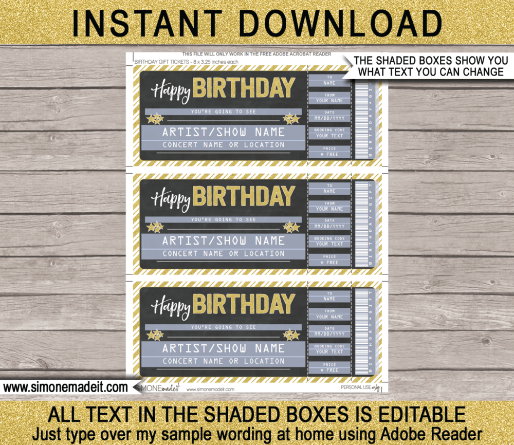 Printable Concert Ticket Template - Surprise Birthday Gift to a Concert | Chalkboard & Gold Glitter | Editable & Printable DIY Gift Voucher | Last Minute Gift | Concert, Show, Performance, Band, Artist, Music Festival | Happy Birthday Present | Instant Download via giftsbysimonemadeit.com