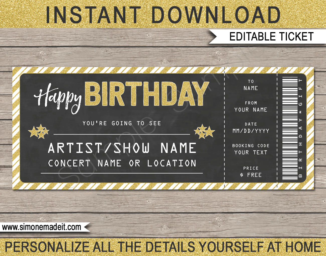 Printable Concert Ticket Template Birthday Gift Voucher Editable Text Printable Concert Ticket Template Birthday Gift Voucher Editable Text