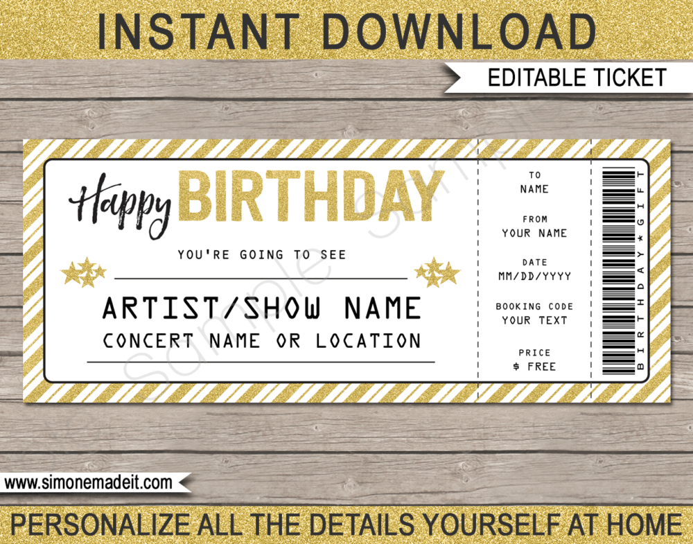 Printable Concert Ticket Template - Surprise Birthday Gift to a Concert | Gold Glitter | Editable & Printable DIY Gift Voucher | Last Minute Gift | Concert, Show, Performance, Band, Artist, Music Festival | Happy Birthday Present | Instant Download via giftsbysimonemadeit.com
