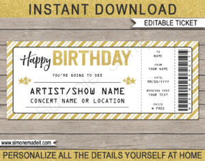 Printable Concert Ticket Template - Surprise Birthday Gift to a Concert | Gold Glitter | Editable & Printable DIY Gift Voucher | Last Minute Gift | Concert, Show, Performance, Band, Artist, Music Festival | Happy Birthday Present | Instant Download via giftsbysimonemadeit.com