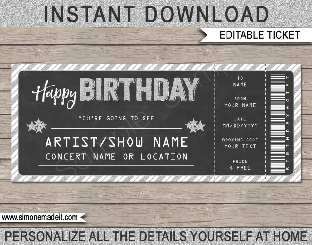 Printable Concert Ticket Template - Surprise Birthday Gift to a Concert | Chalkboard & Silver Glitter | Editable & Printable DIY Gift Voucher | Last Minute Gift | Concert, Show, Performance, Band, Artist, Music Festival | Happy Birthday Present | Instant Download via giftsbysimonemadeit.com