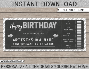 Printable Concert Ticket Template - Surprise Birthday Gift to a Concert | Chalkboard & Silver Glitter | Editable & Printable DIY Gift Voucher | Last Minute Gift | Concert, Show, Performance, Band, Artist, Music Festival | Happy Birthday Present | Instant Download via giftsbysimonemadeit.com