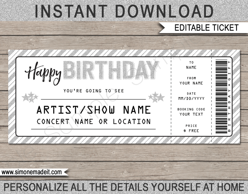 Printable Concert Ticket Template - Surprise Birthday Gift to a Concert | Silver Glitter | Editable & Printable DIY Gift Voucher | Last Minute Gift | Concert, Show, Performance, Band, Artist, Music Festival | Happy Birthday Present | Instant Download via giftsbysimonemadeit.com