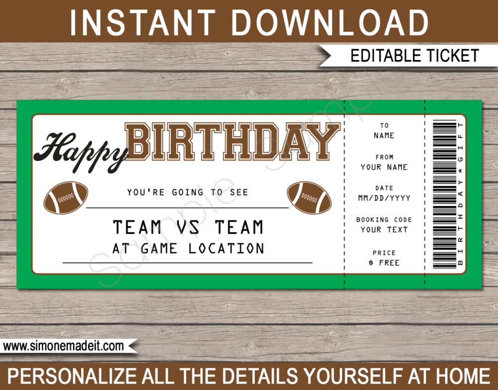 Football Game Ticket Birthday Gift Voucher Template - Surprise tickets to a Football Game - Gift Certificate - Birthday present - DIY Editable & Printable Template | INSTANT DOWNLOAD via giftsbysimonemadeit.com #footballgifttickets #lastminutegift #ticketotthefootball