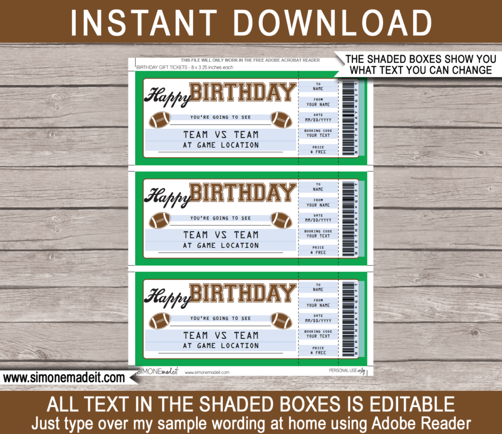 Football Game Ticket Birthday Gift Voucher Template - Surprise tickets to a Football Game - Gift Certificate - Birthday present - DIY Editable & Printable Template | INSTANT DOWNLOAD via giftsbysimonemadeit.com #footballgifttickets #lastminutegift #ticketotthefootball