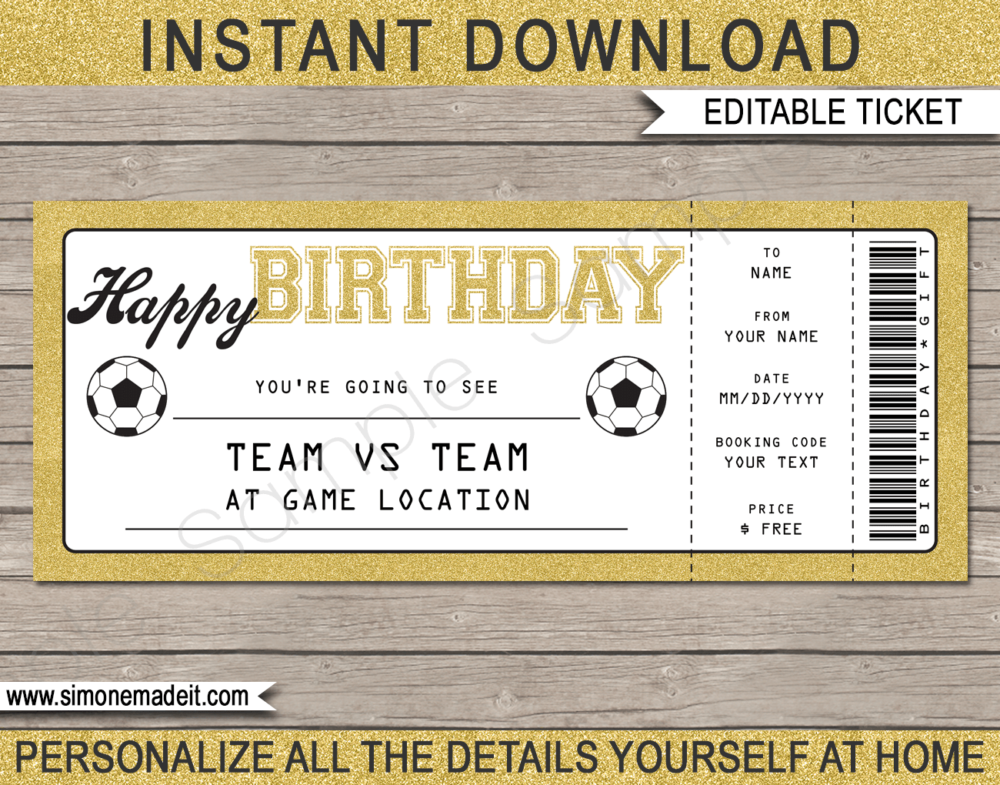 Football Soccer Match Ticket Birthday Gift Voucher Template - Surprise tickets to a Soccer Match - Football Gift Certificate - Birthday present - DIY Editable & Printable Template | INSTANT DOWNLOAD via giftsbysimonemadeit.com #soccergifttickets #lastminutegift #ticketotthefootball