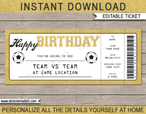 Football Soccer Match Ticket Birthday Gift Voucher Template - Surprise tickets to a Soccer Match - Football Gift Certificate - Birthday present - DIY Editable & Printable Template | INSTANT DOWNLOAD via giftsbysimonemadeit.com #soccergifttickets #lastminutegift #ticketotthefootball