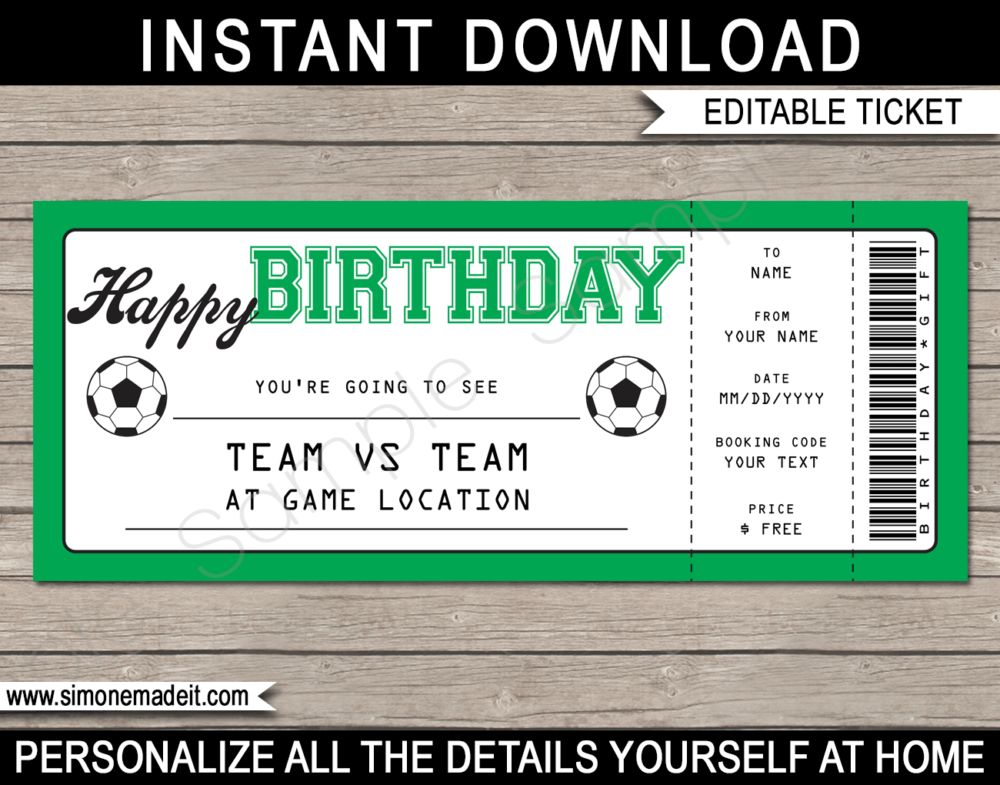 Football Soccer Match Ticket Birthday Gift Voucher Template - Surprise tickets to a Soccer Match - Football Gift Certificate - Birthday present - DIY Editable & Printable Template | INSTANT DOWNLOAD via giftsbysimonemadeit.com #soccergifttickets #lastminutegift #ticketotthefootball