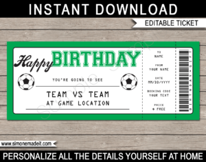 Football Soccer Match Ticket Birthday Gift Voucher Template - Surprise tickets to a Soccer Match - Football Gift Certificate - Birthday present - DIY Editable & Printable Template | INSTANT DOWNLOAD via giftsbysimonemadeit.com #soccergifttickets #lastminutegift #ticketotthefootball