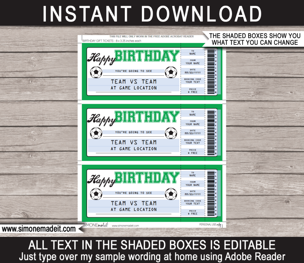 Soccer Match Ticket Birthday Gift Voucher Template - Surprise tickets to a Soccer Match - Football Gift Certificate - Birthday present - DIY Editable & Printable Template | INSTANT DOWNLOAD via giftsbysimonemadeit.com #soccergifttickets #lastminutegift #ticketotthefootball