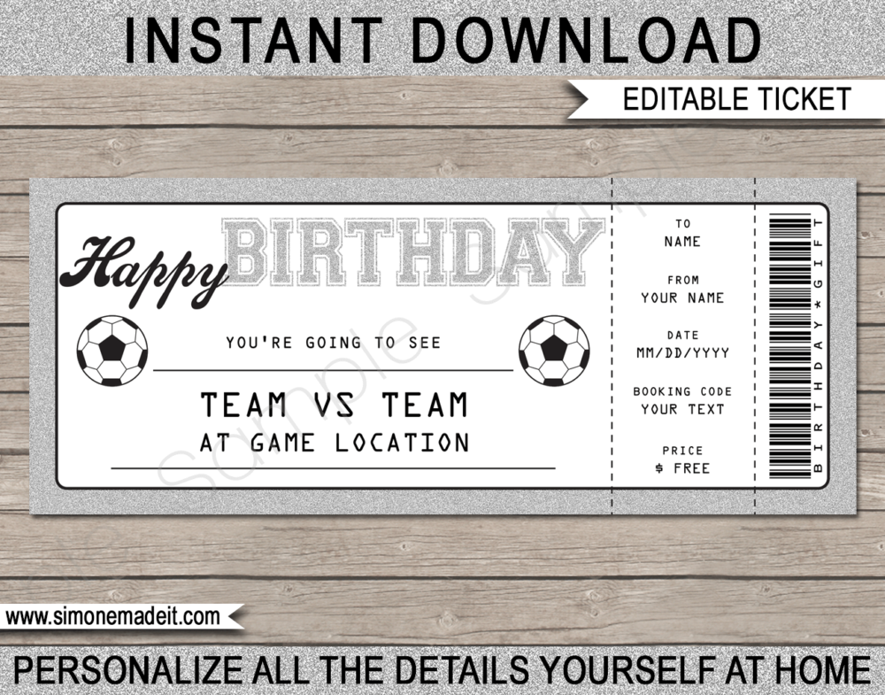 Football Soccer Match Ticket Birthday Gift Voucher Template - Surprise tickets to a Soccer Match - Football Gift Certificate - Birthday present - DIY Editable & Printable Template | INSTANT DOWNLOAD via giftsbysimonemadeit.com #soccergifttickets #lastminutegift #ticketotthefootball