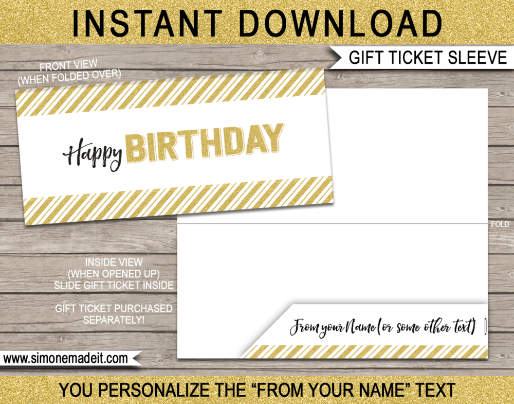 Printable Birthday Gift Ticket Sleeve Template for birthday gift tickets, fake boarding passes, gift vouchers or money | DIY Editable & Printable Template | INSTANT DOWNLOAD via giftsbysimonemadeit.com