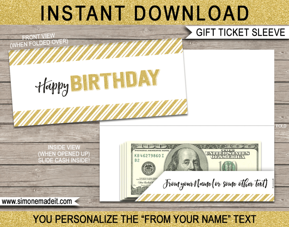 Printable Birthday Gift Ticket Sleeve Template for birthday gift tickets, fake boarding passes, gift vouchers or money | DIY Editable & Printable Template | INSTANT DOWNLOAD via giftsbysimonemadeit.com