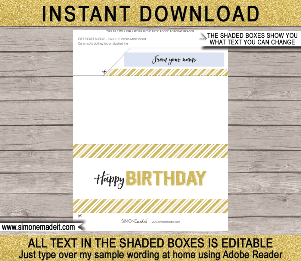 Printable Birthday Gift Ticket Sleeve Template for birthday gift tickets, fake boarding passes, gift vouchers or money | DIY Editable & Printable Template | INSTANT DOWNLOAD via giftsbysimonemadeit.com