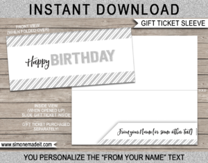 Printable Birthday Gift Ticket Sleeve Template for birthday gift tickets, fake boarding passes, gift vouchers or money | DIY Editable & Printable Template | INSTANT DOWNLOAD via giftsbysimonemadeit.com