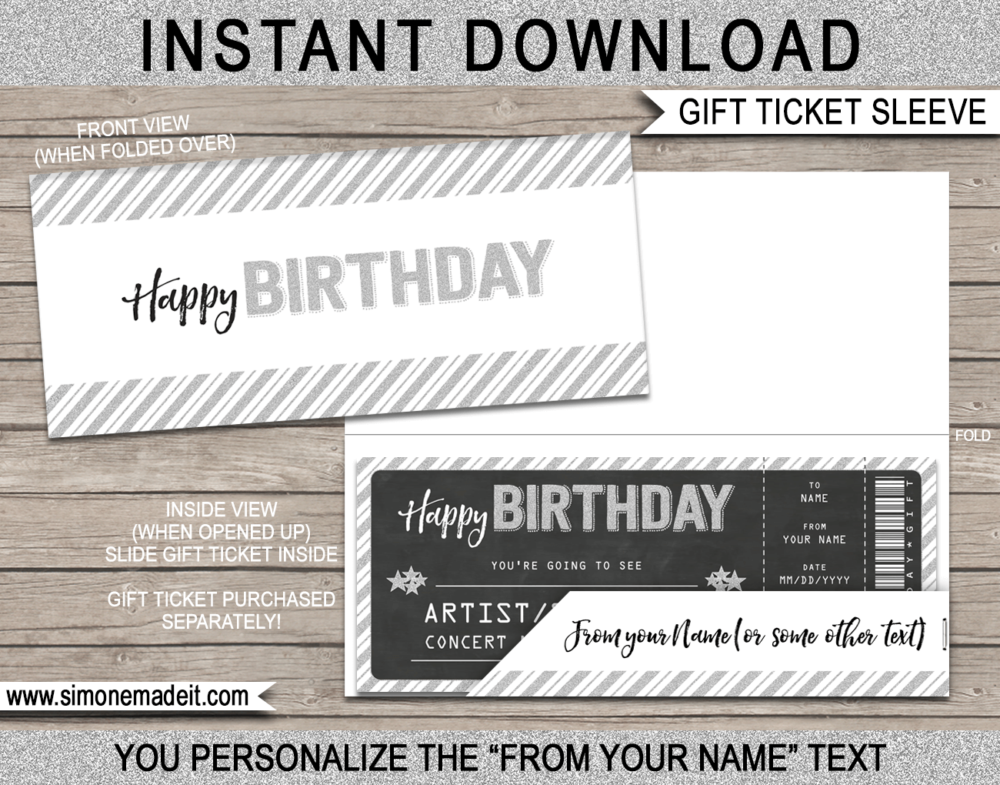 Printable Birthday Gift Ticket Sleeve Template for birthday gift tickets, fake boarding passes, gift vouchers or money | DIY Editable & Printable Template | INSTANT DOWNLOAD via giftsbysimonemadeit.com