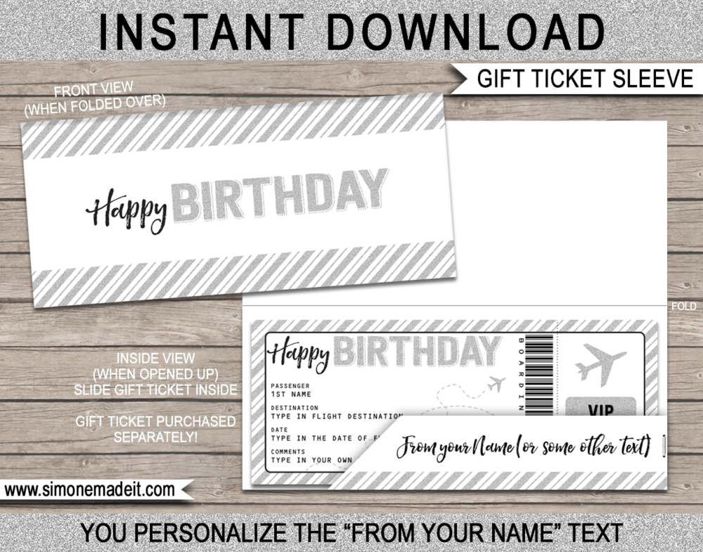 Printable Birthday Gift Ticket Sleeve Template for birthday gift tickets, fake boarding passes, gift vouchers or money | DIY Editable & Printable Template | INSTANT DOWNLOAD via giftsbysimonemadeit.com