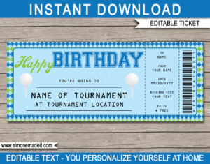 Golf Ticket Birthday Gift Voucher Template - Surprise tickets to a Golf Tournament - Gift Certificate - Birthday present - DIY Editable & Printable Template | INSTANT DOWNLOAD via giftsbysimonemadeit.com #golfgifttickets #lastminutegift #ticketotthegolf