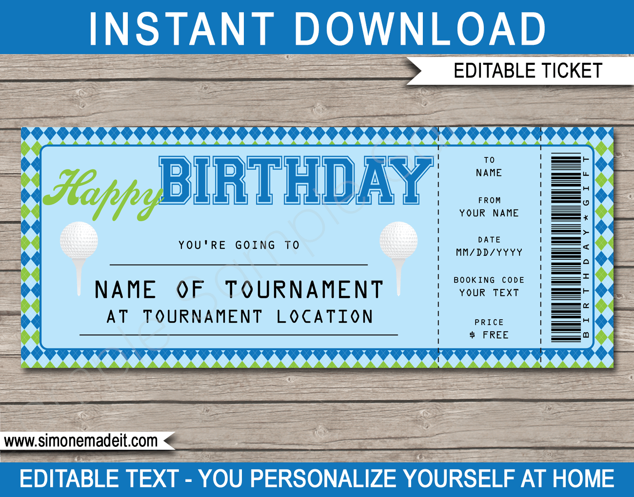 Golf Ticket Birthday Gift Voucher  Editable & Printable Golf Within Golf Certificate Template Free