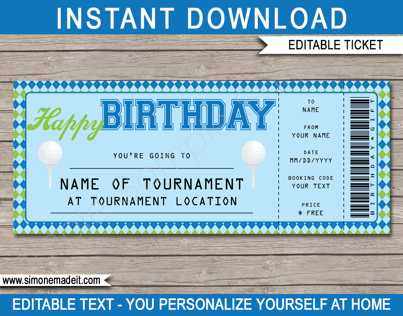 Golf Ticket Birthday Gift Voucher  Editable & Printable Golf Regarding Golf Gift Certificate Template