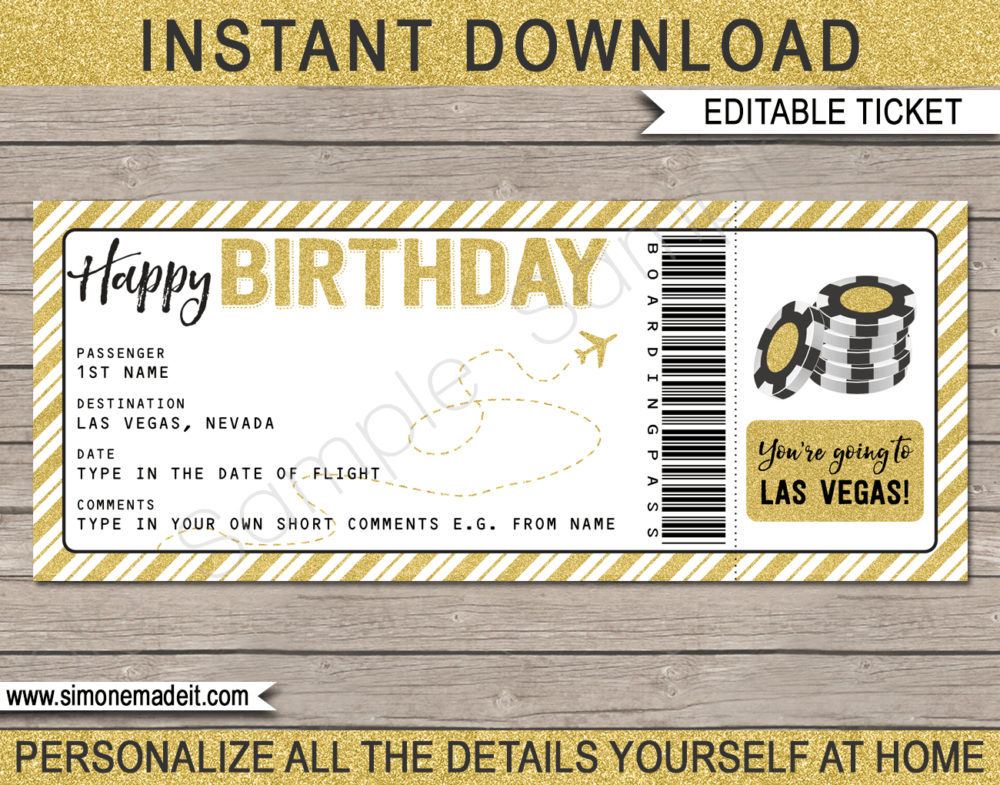 Birthday Las Vegas Trip Boarding Pass Gift template | Gold Glitter | Surprise Las Vegas Trip, Flight Getaway, Holiday, Vacation | Faux Fake Boarding Pass | Birthday Present | DIY Editable Template | Instant Download via giftsbysimonemadeit.com