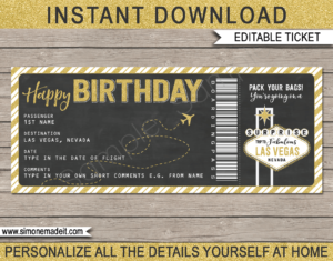 Birthday Las Vegas Trip Boarding Pass Gift template | Gold Glitter & Chalkboard | Surprise Las Vegas Trip, Flight Getaway, Holiday, Vacation | Faux Fake Boarding Pass | Birthday Present | DIY Editable Template | Instant Download via giftsbysimonemadeit.com