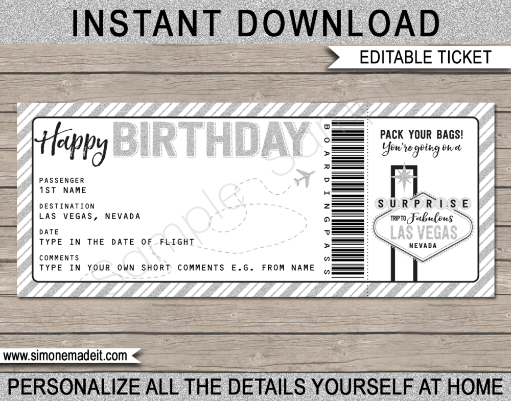 Birthday Las Vegas Trip Boarding Pass Gift template | Gold Glitter & Chalkboard | Surprise Las Vegas Trip, Flight Getaway, Holiday, Vacation | Faux Fake Boarding Pass | Birthday Present | DIY Editable Template | Instant Download via giftsbysimonemadeit.com