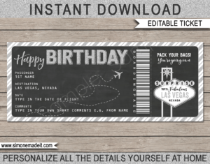 Birthday Las Vegas Trip Boarding Pass Gift template | Surprise Las Vegas Trip, Flight Getaway, Holiday, Vacation | Faux Fake Boarding Pass | Birthday Present | DIY Editable Template | Instant Download via giftsbysimonemadeit.com