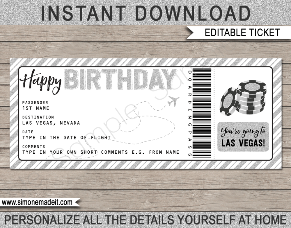 Birthday Las Vegas Trip Boarding Pass Gift template | Gold Glitter & Chalkboard | Surprise Las Vegas Trip, Flight Getaway, Holiday, Vacation | Faux Fake Boarding Pass | Birthday Present | DIY Editable Template | Instant Download via giftsbysimonemadeit.com