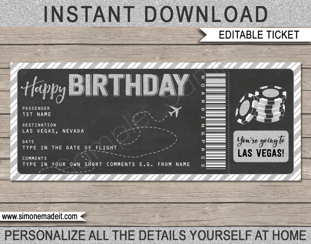 Birthday Las Vegas Trip Boarding Pass Gift template | Gold Glitter & Chalkboard | Surprise Las Vegas Trip, Flight Getaway, Holiday, Vacation | Faux Fake Boarding Pass | Birthday Present | DIY Editable Template | Instant Download via giftsbysimonemadeit.com