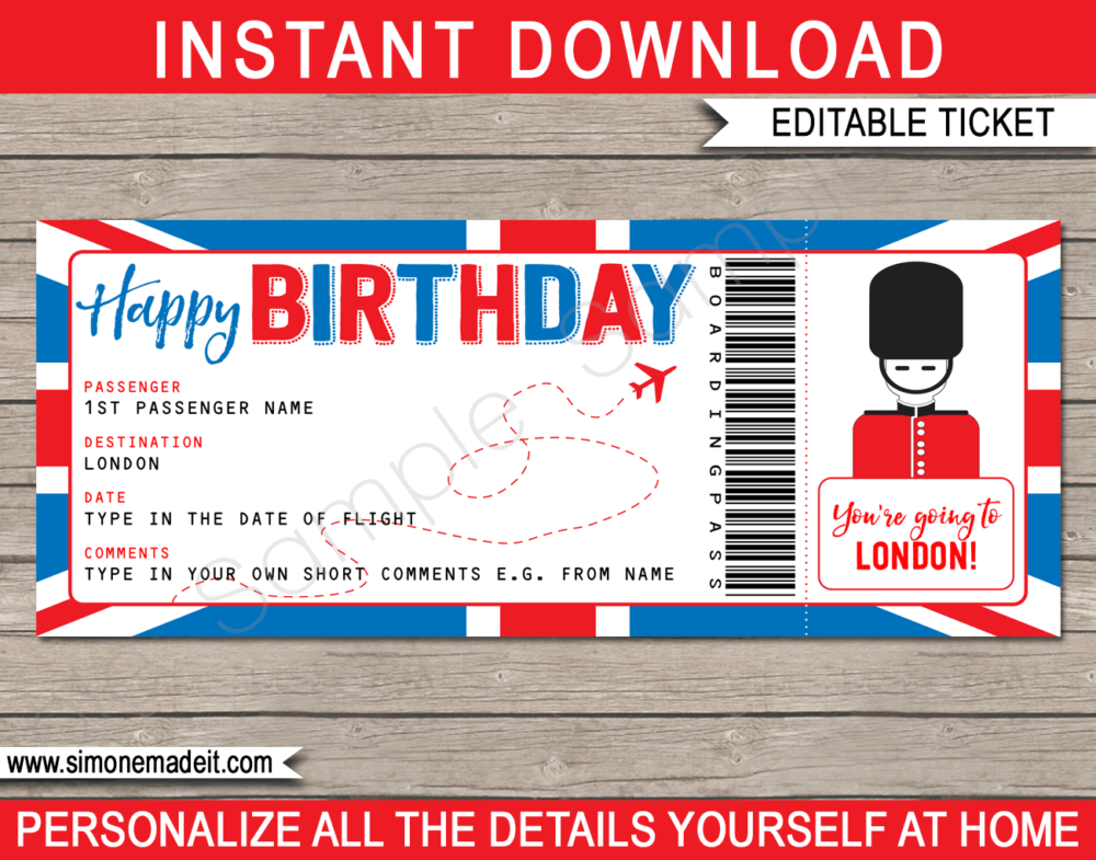 Birthday London Trip Boarding Pass Gift template | Surprise UK Trip, Flight Getaway, Holiday, Vacation | Faux Fake Boarding Pass | Birthday Present | DIY Editable Template | Instant Download via giftsbysimonemadeit.com