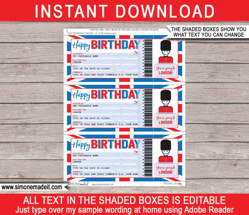 Birthday London Trip Boarding Pass Gift template | Surprise UK Trip, Flight Getaway, Holiday, Vacation | Faux Fake Boarding Pass | Birthday Present | DIY Editable Template | Instant Download via giftsbysimonemadeit.com