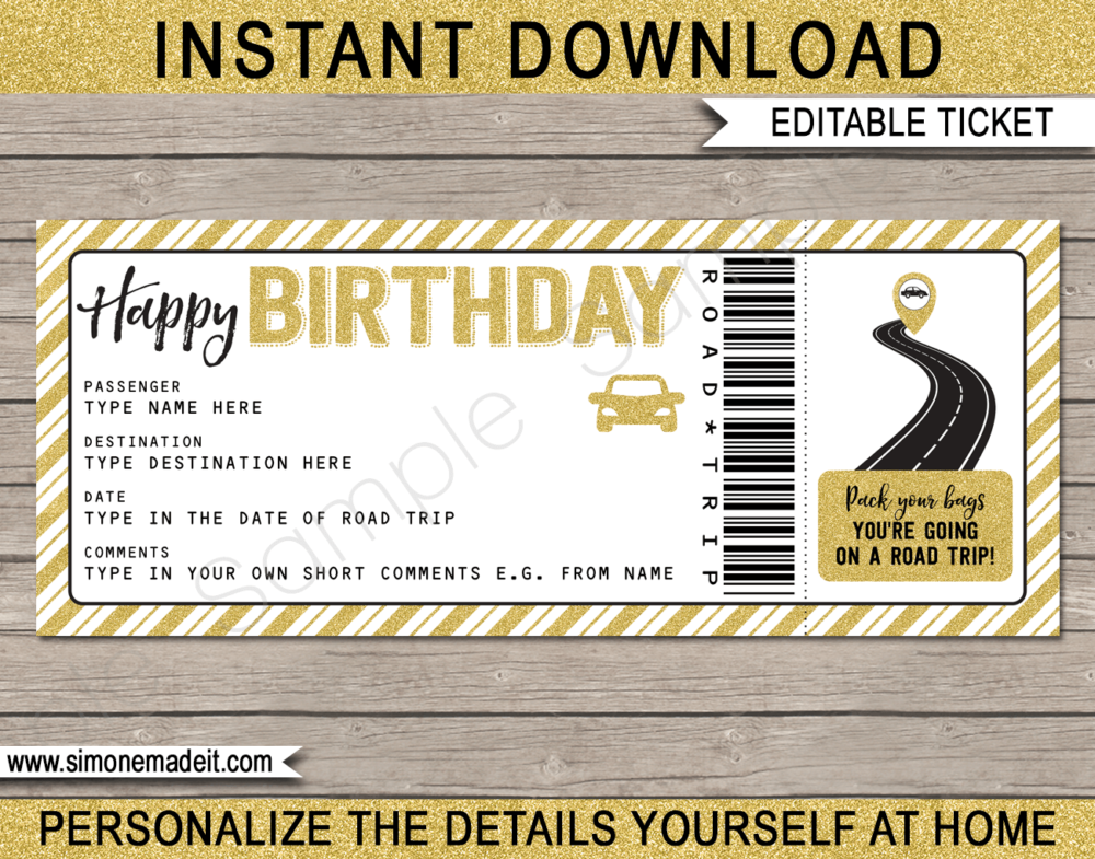 Printable Birthday Road Trip Ticket Template | Gold Glitter | Surprise Road Trip Reveal Gift Ticket | Fake Ticket | Birthday Present | Driving Holiday | INSTANT DOWNLOAD via giftsbysimonemadeit.com