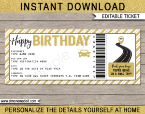 Printable Birthday Road Trip Ticket Template | Gold Glitter | Surprise Road Trip Reveal Gift Ticket | Fake Ticket | Birthday Present | Driving Holiday | INSTANT DOWNLOAD via giftsbysimonemadeit.com