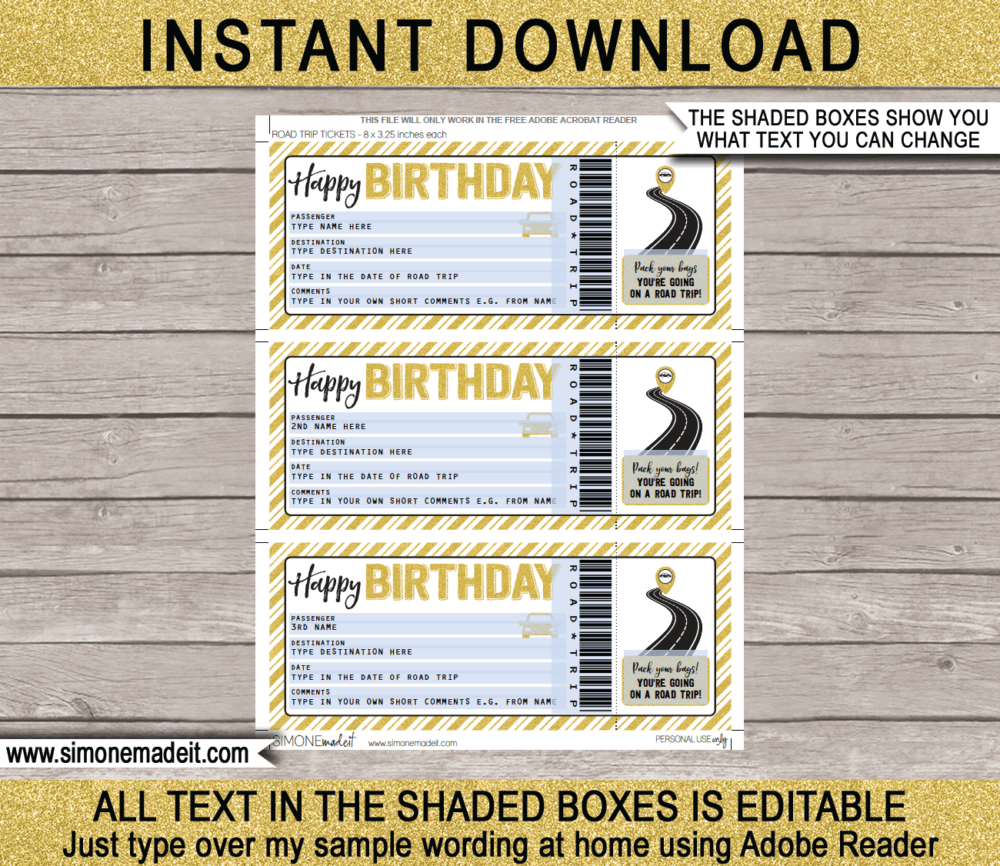 Printable Birthday Road Trip Ticket Template | Gold Glitter | Surprise Road Trip Reveal Gift Ticket | Fake Ticket | Birthday Present | Driving Holiday | INSTANT DOWNLOAD via giftsbysimonemadeit.com