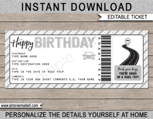 Printable Birthday Road Trip Ticket Template | Gold Glitter | Surprise Road Trip Reveal Gift Ticket | Fake Ticket | Birthday Present | Driving Holiday | INSTANT DOWNLOAD via giftsbysimonemadeit.com