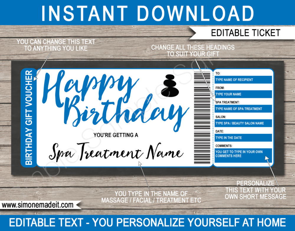 Printable Birthday Spa Gift Voucher Template | Blue | DIY Editable Spa Treatment Gift Certificate | Massage Facial Body Wrap | Birthday Present | INSTANT DOWNLOAD via giftsbysimonemadeit.com