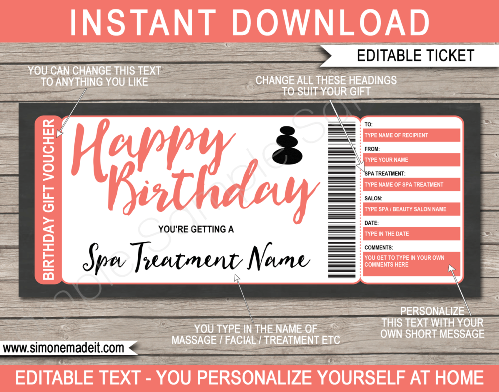 Printable Birthday Spa Gift Voucher Template | Coral | DIY Editable Spa Treatment Gift Certificate | Massage Facial Body Wrap | Birthday Present | INSTANT DOWNLOAD via giftsbysimonemadeit.com