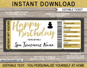 Printable Birthday Spa Gift Certificate Template | Gold Glitter | DIY Editable Spa Treatment Gift Voucher | Massage Facial Body Wrap Manicure Pedicure | Birthday Present | INSTANT DOWNLOAD via giftsbysimonemadeit.com