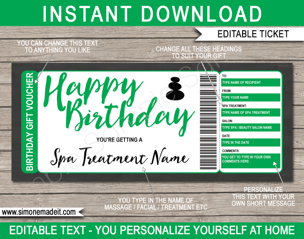 Printable Birthday Spa Gift Voucher Template | Green | DIY Editable Spa Treatment Gift Certificate | Massage Facial Body Wrap | Birthday Present | INSTANT DOWNLOAD via giftsbysimonemadeit.com