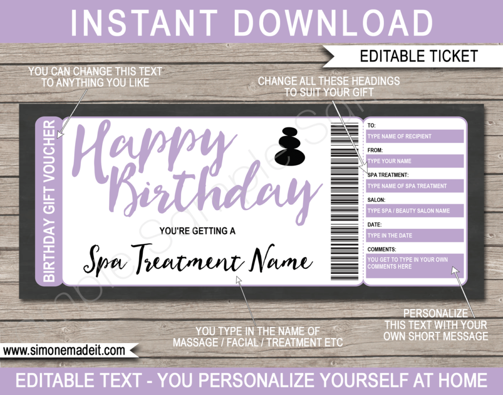 Printable Birthday Spa Gift Voucher Template | Lilac | DIY Editable Spa Treatment Gift Certificate | Massage Facial Body Wrap | Birthday Present | INSTANT DOWNLOAD via giftsbysimonemadeit.com