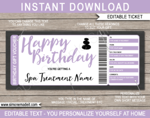 Printable Birthday Spa Gift Voucher Template | Lilac | DIY Editable Spa Treatment Gift Certificate | Massage Facial Body Wrap | Birthday Present | INSTANT DOWNLOAD via giftsbysimonemadeit.com