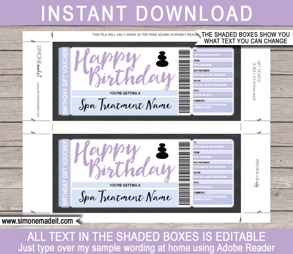 Printable Birthday Spa Gift Certificate Template | Lilac | DIY Editable Spa Treatment Gift Certificate | Massage Facial Body Wrap | Birthday Present | INSTANT DOWNLOAD via giftsbysimonemadeit.com