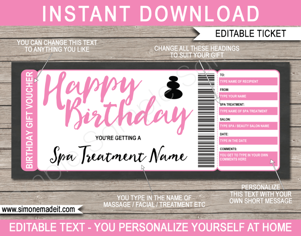 Printable Birthday Spa Gift Voucher Template | Pink | DIY Editable Spa Treatment Gift Certificate | Massage Facial Body Wrap | Birthday Present | INSTANT DOWNLOAD via giftsbysimonemadeit.com