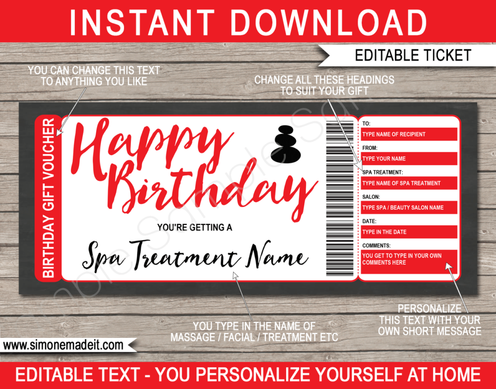 Printable Birthday Spa Gift Voucher Template | Red | DIY Editable Spa Treatment Gift Certificate | Massage Facial Body Wrap | Birthday Present | INSTANT DOWNLOAD via giftsbysimonemadeit.com