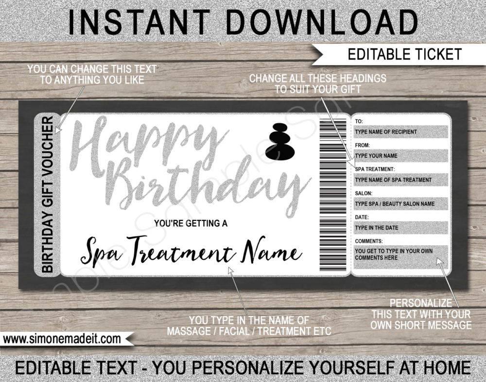 Printable Birthday Spa Gift Certificate Template | Silver Glitter | DIY Editable Spa Treatment Gift Voucher | Massage Facial Body Wrap Manicure Pedicure | Birthday Present | INSTANT DOWNLOAD via giftsbysimonemadeit.com
