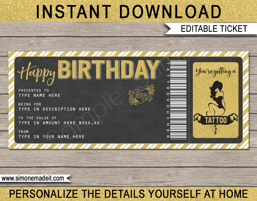 Printable Birthday Tattoo Gift Voucher Template | Birthday Gift Certificate | Instant download via giftsbysimonemadeit.com