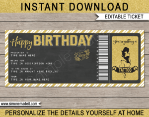 Printable Birthday Tattoo Gift Voucher Template | Birthday Gift Certificate | Instant download via giftsbysimonemadeit.com