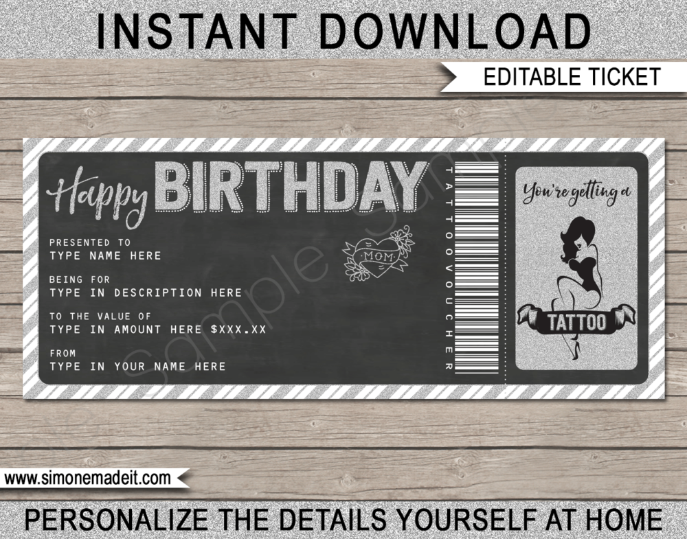 Printable Birthday Tattoo Gift Voucher Template | Birthday Gift Certificate | Instant download via giftsbysimonemadeit.com