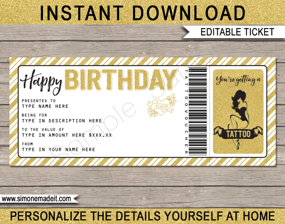 Printable Birthday Tattoo Gift Voucher Template | Birthday Gift Certificate | Instant download via giftsbysimonemadeit.com